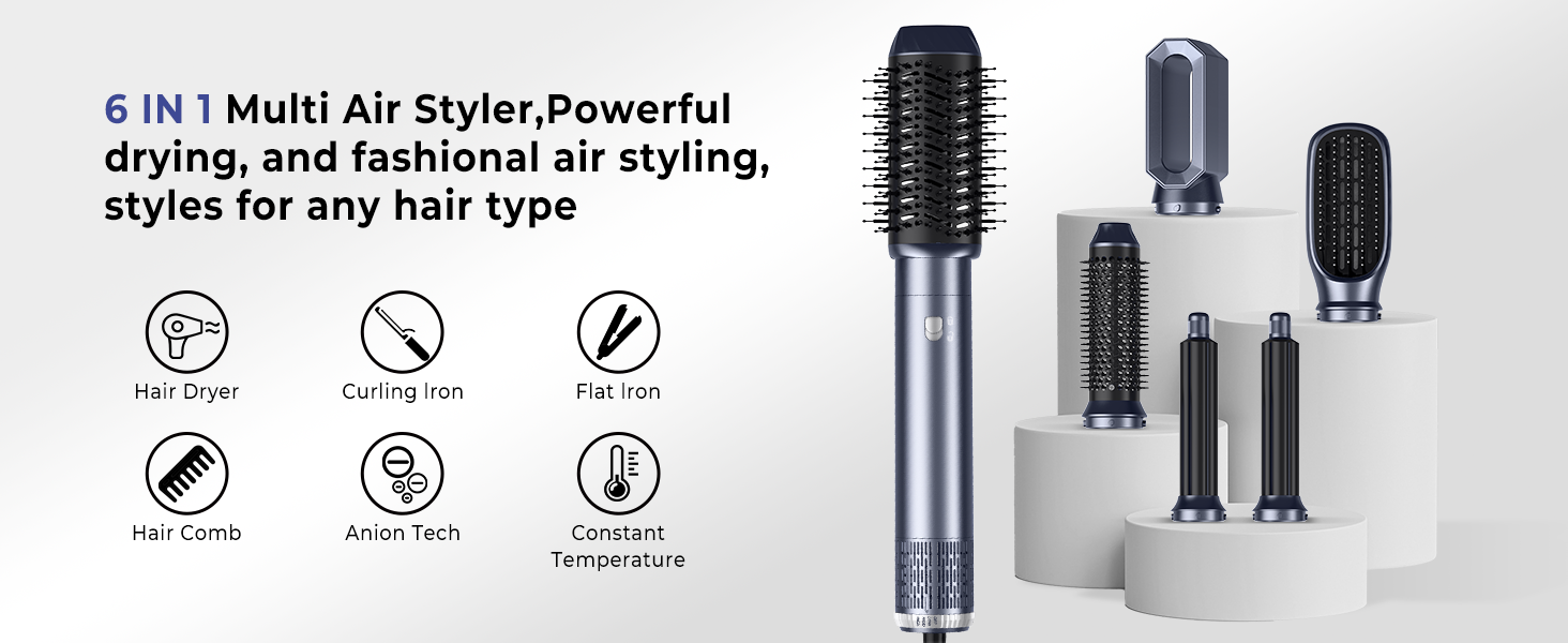 OKWRAP Haarstyler 5-в-1: Airbrush, фен, плойка, щітка для об'єму та локонів (блакитний)