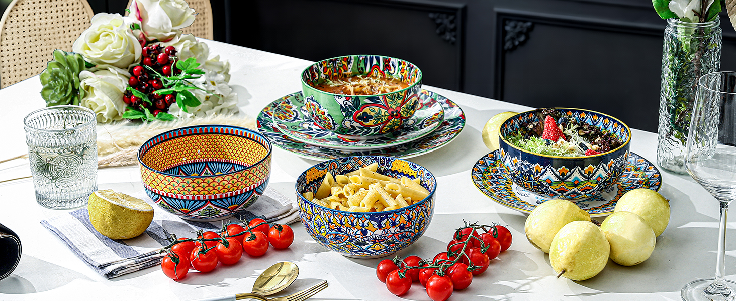 HENXFEN Набір з 6 порцелянових мисок для мюслі, супу, салату, 850 мл. Богемний квітковий дизайн, 6 кольорів