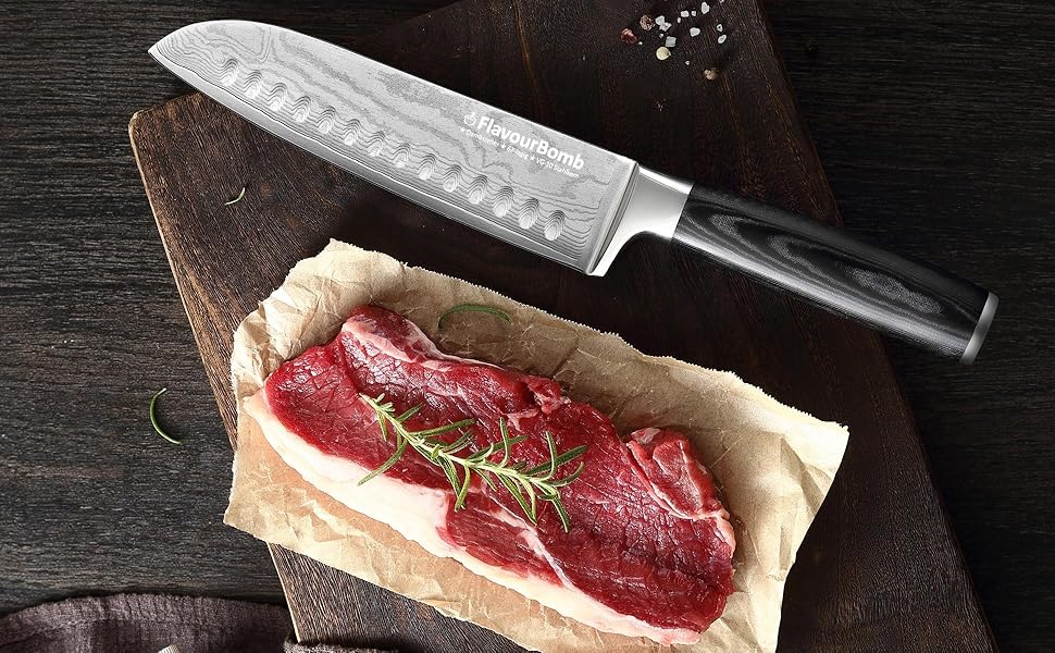 Нож Сантоку з дамаської сталі FlavourBomb | 18 см | Кухонний ніж для професіоналів | Дамаська сталь, ручка Micarta + безкоштовна електронна книга
