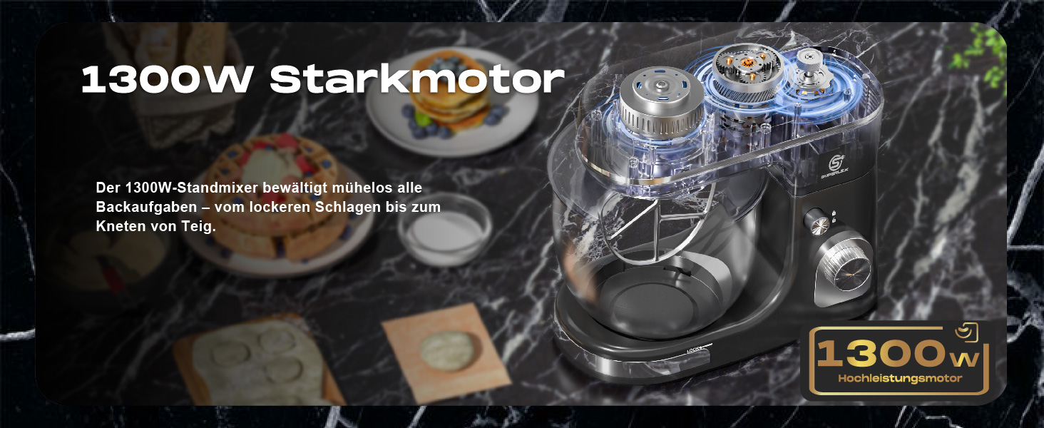 Кухонна машина SUPERLEX 3-в-1: міксер, тістоміс, блендер. 1300W, 5л чаша з нержавіючої сталі, 8 швидкостей, з набором насадок (крюк, вінчик, вінчик для збивання), захист від бризок. Для приготування тіста, випічки та десертів.