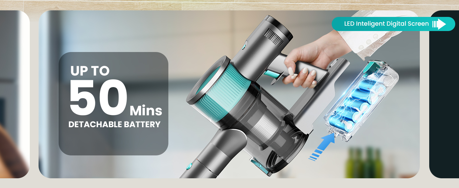 Бездротовий пилосос Dzaki 45000Pa з дисплеєм, антизаплутувальною насадкою та тривалою роботою для твердих поверхонь, килимів та шерсті тварин (блакитний)