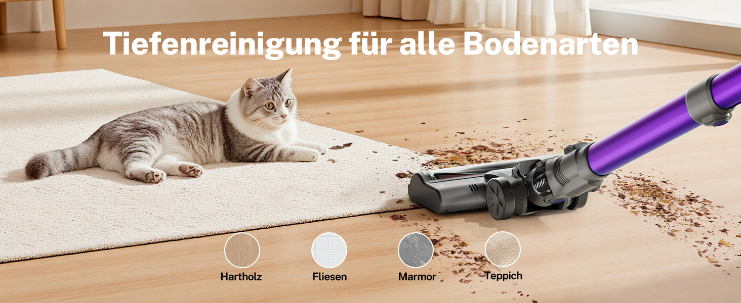 Бездротовий акумуляторний пилосос з потужністю 25000Pa, 175W, час роботи 50 хвилин. Бездротовий ручний пилосос з антизаплутаною насадкою та вертикальним паркуванням, легкий. Підходить для килимів, твердих підлог, видалення шерсті тварин. Колір: фіолетовий