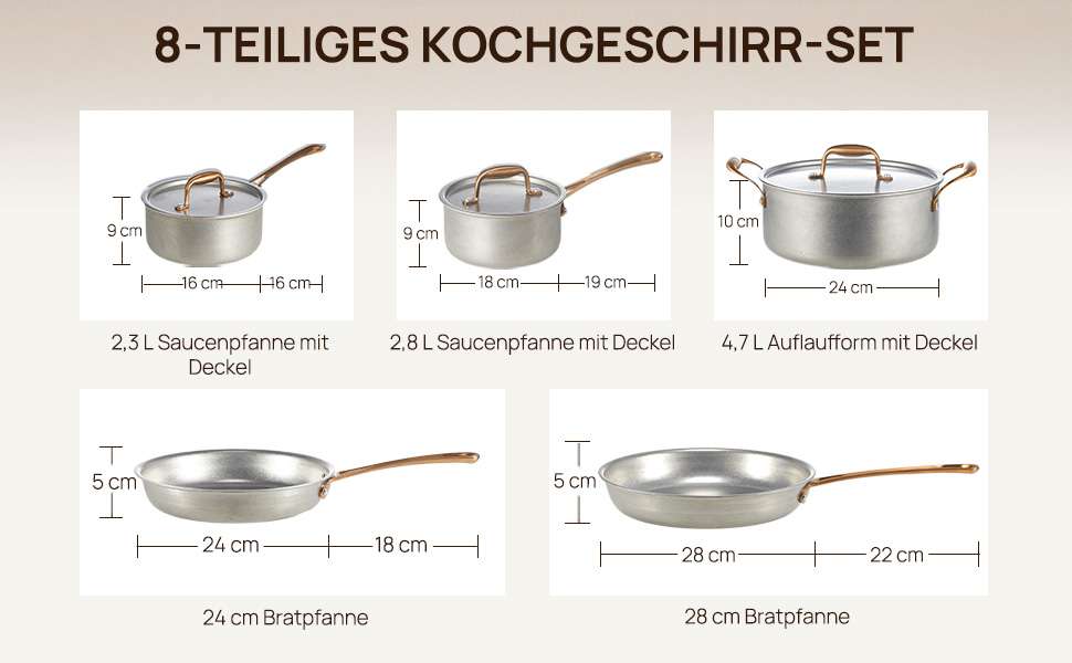 Набір каструль KOKHUB 8 предметів з нержавіючої сталі для індукційних плит, вінтажний стиль, без PFOA/PFAS/PTFE, підходить для всіх типів плит та духовки, можна мити в посудомийній машині