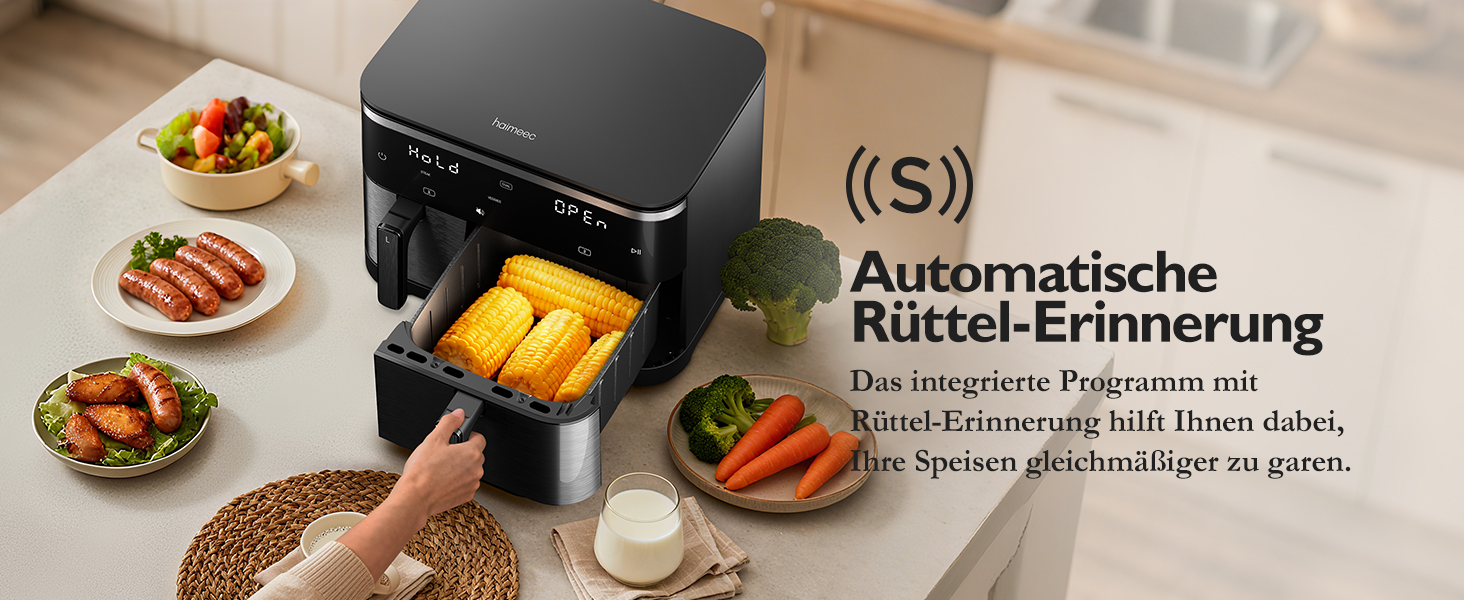 Електрична фритюрниця повітряна 11л, 2 камери з грилем, 10-в-1, без олії, з нагадуванням про струшування <60дБ, з антипригарним покриттям, 78 рецептів