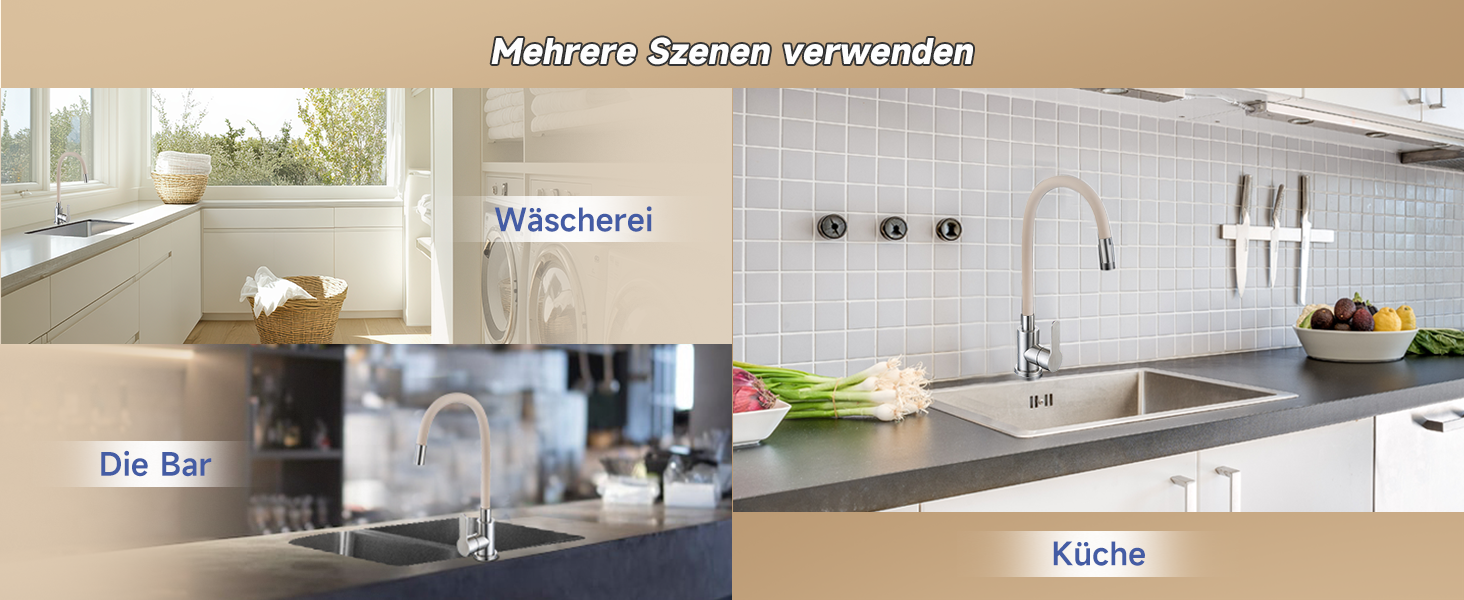 Кран кухонний з гнучким шлангом 360°, високий тиск, поворотний, нержавіюча сталь, бежевий