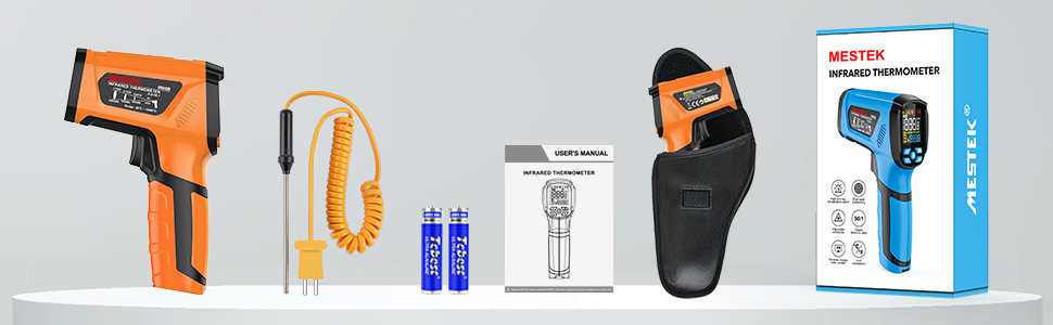 Інфрачервоний термометр MESTEK: цифровий лазерний пірометр з K-зондом (-50°C ~ 800°C), безконтактний, з LCD-дисплеєм, сигналізацією, регулюванням коефіцієнта випромінювання для кухні, гриля, авто