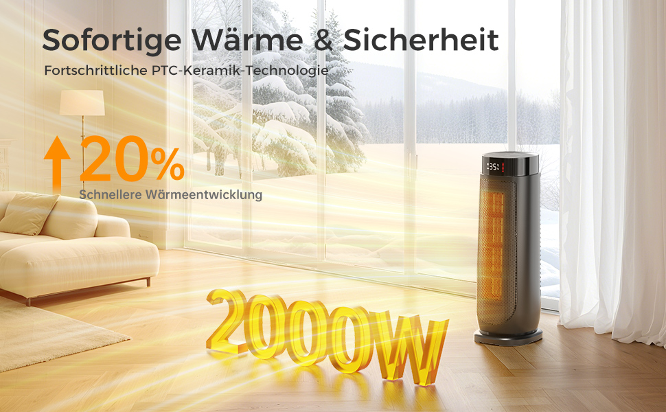 Електричний обігрівач Aroeve: 2000W, PTC кераміка, енергозбереження, 4 режими, таймер 24h, пульт, захист від перегріву та перекидання