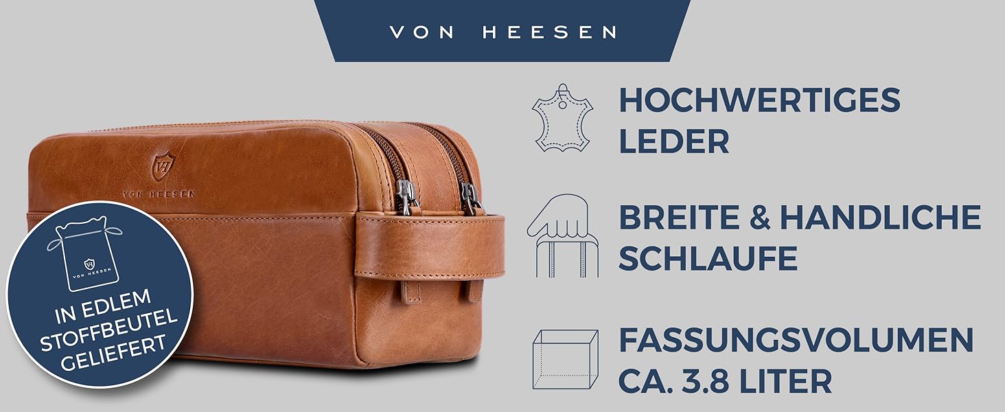 Шкіряна косметичка для подорожей VON HEESEN — дорожня сумка для аксесуарів та гігієни з 2 відділеннями, натуральна шкіра, коричнева (Cognac Braun)