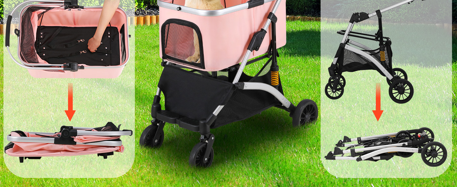 Візок для собак Mamizo 3-в-1: візок, переноска, сумка, до 20 кг, поворотні колеса, кошик, тримач для напоїв, для собак та котів (сріблястий, рожевий)