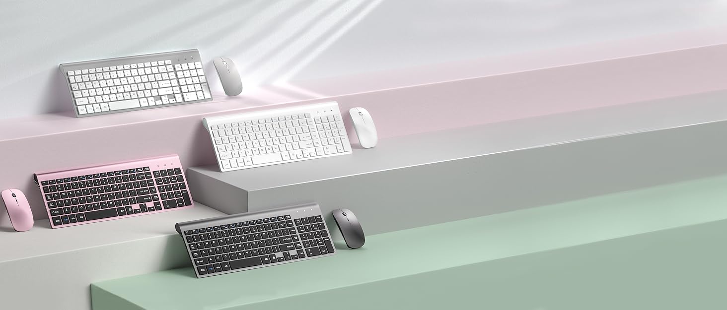 Комплект клавіатури та миші TopMate 2,4G Ultra Slim: тиха клавіатура з перемикачами Schissschalter та миша 2400DPI, USB, з батарейками AA/AAA, для PC/Laptop/Windows/Mac (Рожево-золотий/Білий (Сіро-чорний))