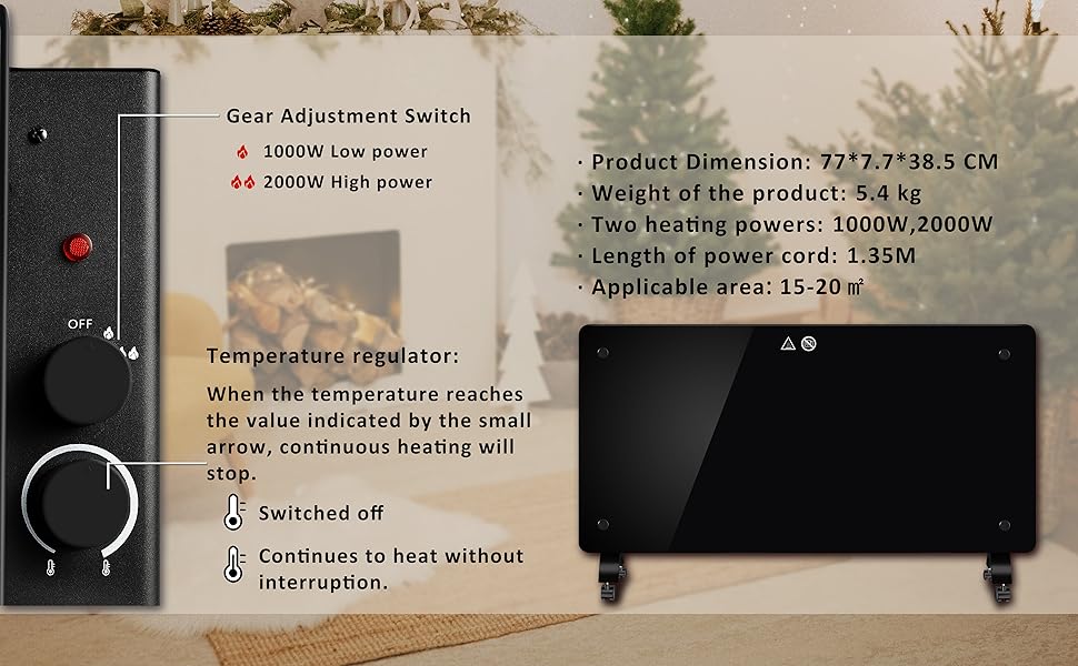 Конвектор DONYER POWER 2000W з чорною скляною панеллю, 2КВт, настінний/підлоговий