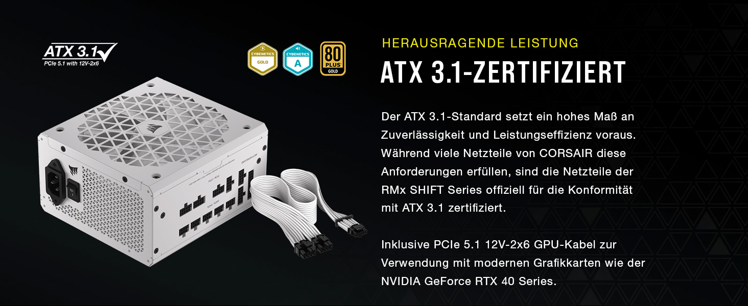 Блок живлення Corsair RM1000x Shift 850W White, повністю модульний, ATX 3.1 & PCIe 5.1, 80 Plus Gold, з бічним інтерфейсом та Zero RPM