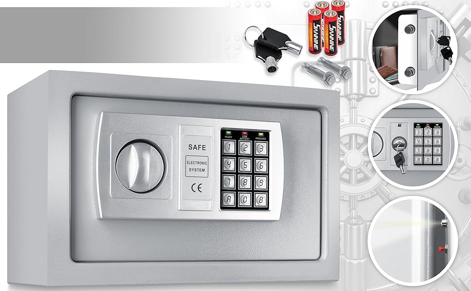 Електронний сейф KESSER® 31x20x20 см зі світлодіодним дисплеєм, подвійним ригелем, кріпленням для стіни та меблів, внутрішнім освітленням, сріблястий