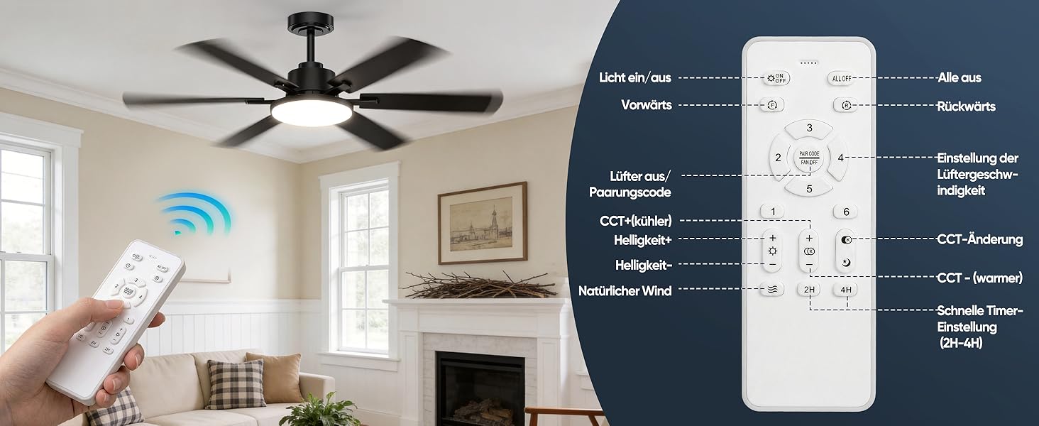 Стеляний вентилятор з підсвіткою 132см, 6 лопатей, з пультом керування, тихий DC-двигун, 6 швидкостей, 3CCT, регульоване LED-підсвітлення, двосторонні лопаті для спальні/вітальні