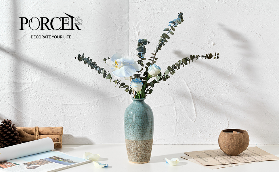 Керамічна ваза, блакитно-коричневий дизайн, ваза в скандинавському стилі, 20 см для декору вітальні, спальні, кухні, ванної кімнати