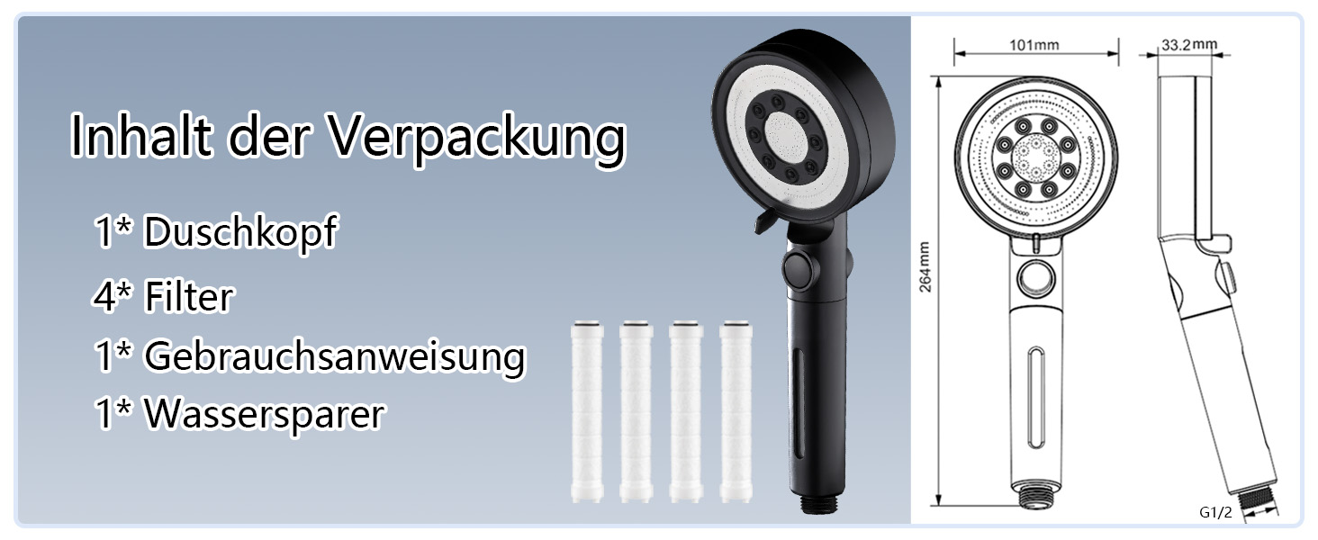 Фільтр для душу Nafall, душова лійка з фільтром, 5 режимів, економна водозбірна лійка для важкої води, видаляє важкі метали, хлор, бактерії, хром, чорний, 4 фільтри