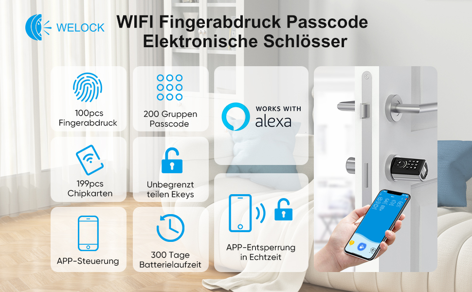 Електронний дверний замок WELOCK ToucA51 з відбитком пальця, кодом, RFID-карткою та мобільним додатком, для вхідних дверей, регульований циліндр 30-70 мм