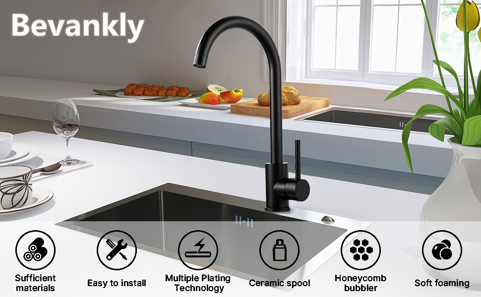 Чорний кухонний змішувач з нержавіючої сталі 304, поворотний вилив, моно-змішувач, стандарт UK, матовий чорний