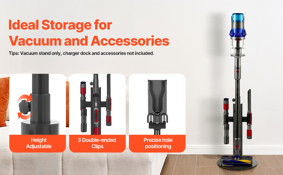 Підставка для пилососа VEVOR 126 см, сумісна з Dyson G5, V15, V12, V11, V10, V8, V7, V6, з аксесуарами, підлогова стійка, кріплення з 6 гачками та антиковзкими ніжками, срібна (з висувною трубою, чорна)