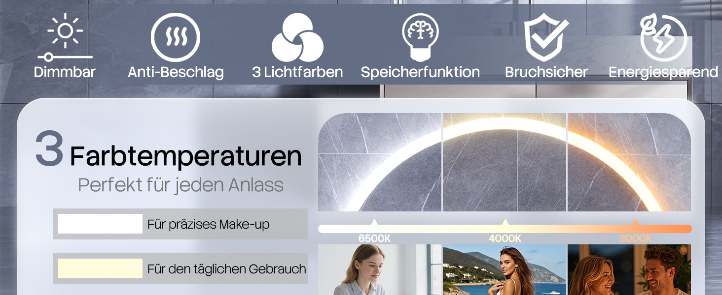 Дзеркало для ванної кімнати HySail з підсвічуванням, 5 мм, високоякісний срібний дзеркало, 3 колірні температури та регульована яскравість, настінне дзеркало з сенсорним вимикачем та антизапарюючим покриттям, кругле (80x80 см)