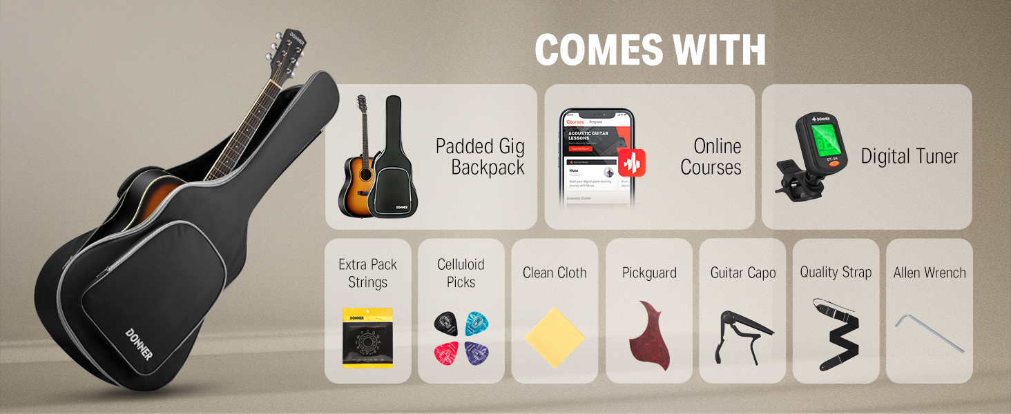 Акустична гітара Donner для початківців, дорослих, 4/4 Dreadnought, 41 дюйм, комплект з аксесуарами (Sunburst)