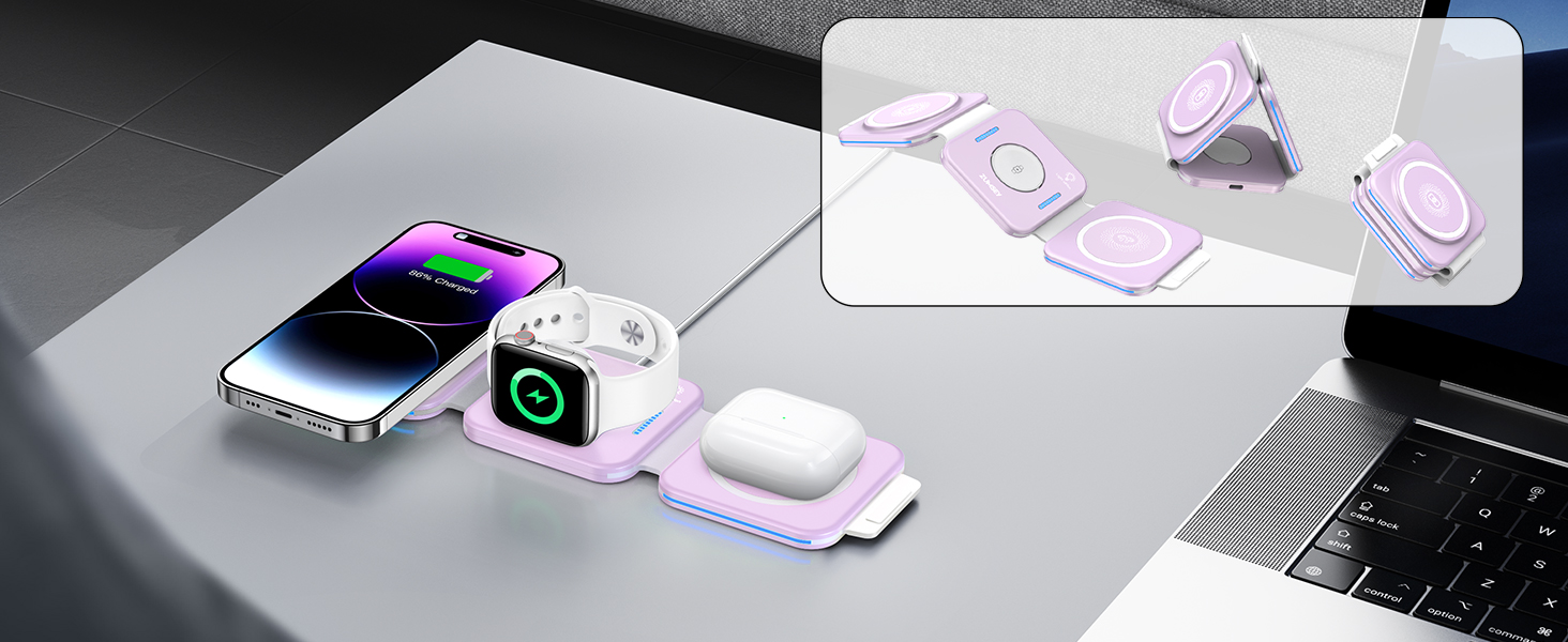 3-в-1 Бездротова зарядка: для Apple Watch, iPhone та AirPods (фіолетовий)