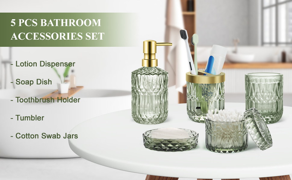Набір аксесуарів для ванної кімнати 5 предметів, чорний дозатор для мила та лосьйону, мильничка, підставка для зубних щіток, стаканчик, склянка для ватних паличок, прозорий скляний бокс (Зелений)