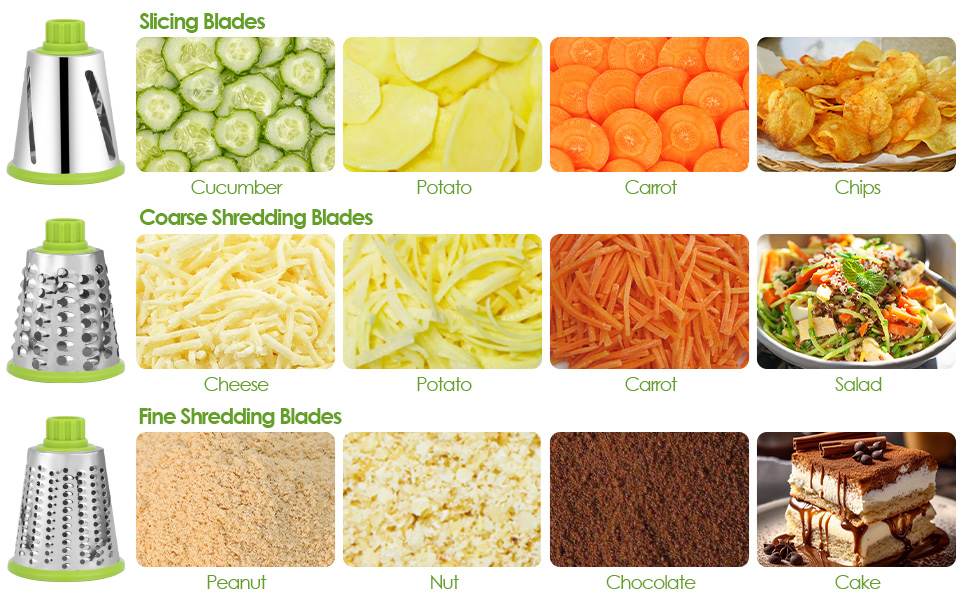 Ручна тертка для сиру та овочів Dreamhigh з ручкою, 3 змінні леза з нержавіючої сталі, для сиру, овочів, горіхів, моркви, ідеальна для огірків, білий (зелений)