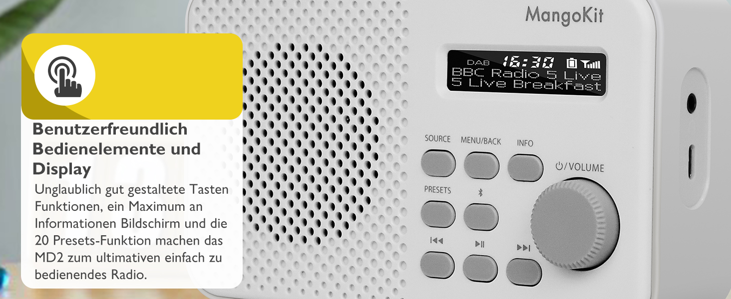 MD5 Стерео Радіо DAB з Bluetooth 5.3 та 2.4' Кольоровим Дисплеєм, Портативне Цифрове Радіо UKW, 2.0 Стереозвук, 40 Пам'ять, Будильник, Повторний Будильник & Сон, USB-C Живлення (Від Мережі або від Батареї) (Колір: Горіх, Моно Кам'яне Сіре)