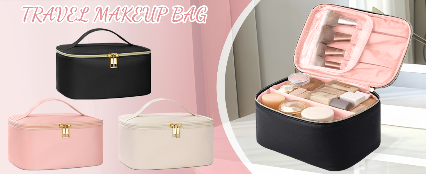 Велика косметичка для жінок, дорожня косметичка з відділеннями, шкіряна, чорна. Водостійка косметичка для макіяжу та аксесуарів.