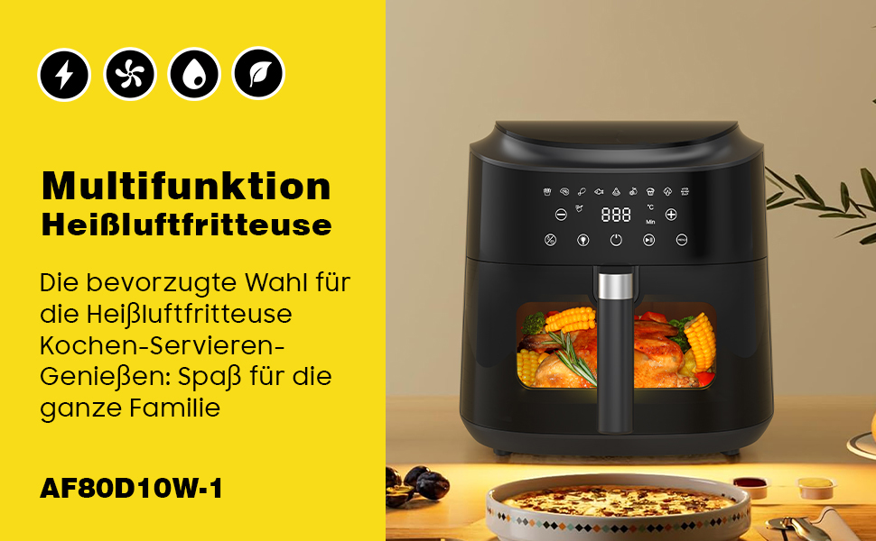 Аерофритюрниця XXL 9л Heißluftfritteuse - 2350W, 9 програм, LED дисплей, підтримання тепла, металевий внутрішній контейнер
