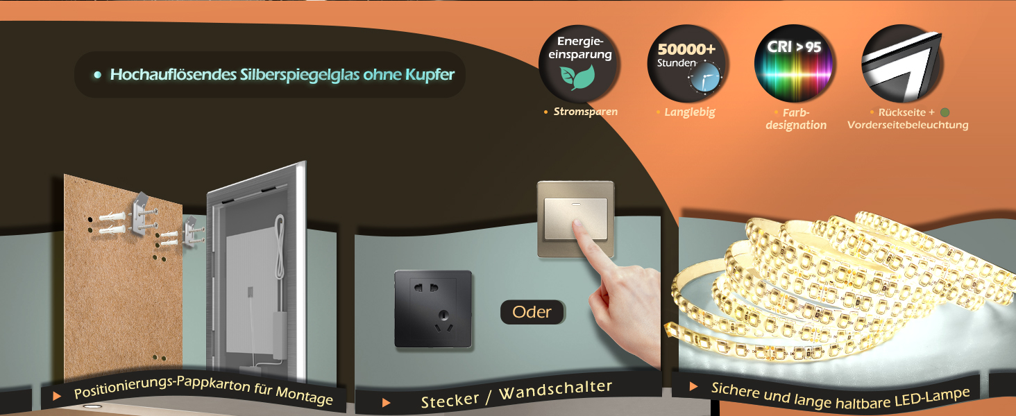 Дзеркало для ванної кімнати LED з підсвічуванням, туалетне дзеркало настінне, 6500K, антитуманне, водонепроникне IP44, вертикальне/горизонтальне (70 x 50 см)