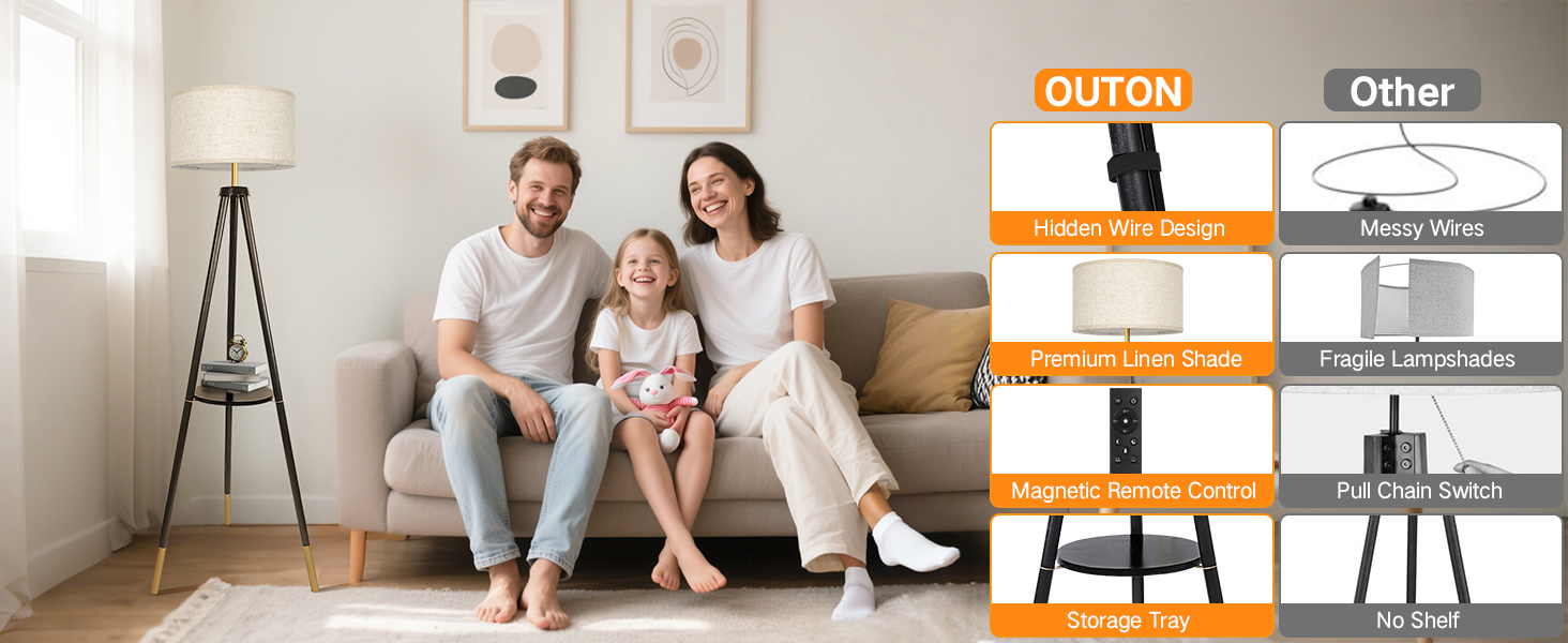 LED торшер OUTON з регулюванням яскравості, тринога, дерево, з полицею, пульт, 4 колірні температури, таймер 1 година, чорний/золотий, з бежевим абажуром для вітальні, спальні, офісу
