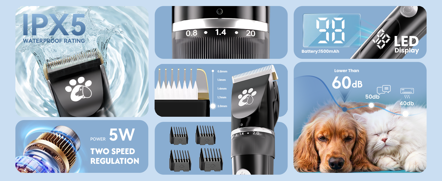 Професійний собачий триммер для собак та котів, бездротовий, 2 швидкості, LED-дисплей, IPX5, для собак та котів середніх та малих порід