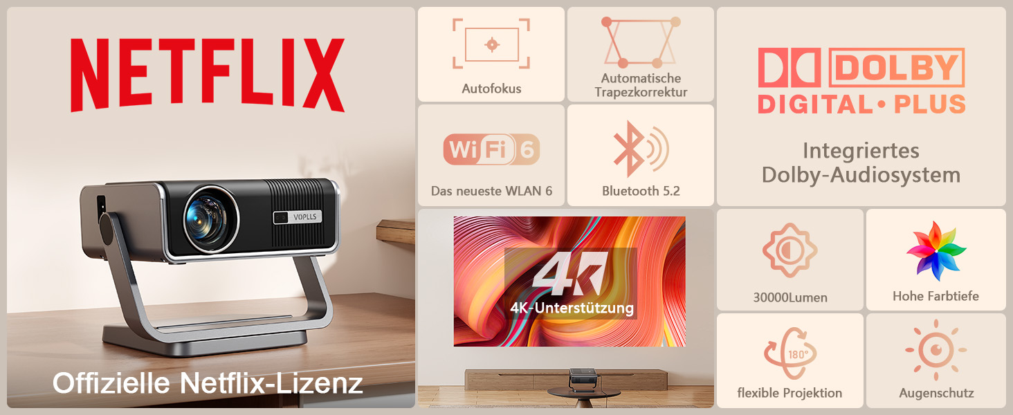 Проектор Mini Beamer 1080P Full HD 600ANSI з автофокусом, корекцією трапеції, WiFi6, Bluetooth, 4K, 50% зум, 360° обертання для дому та мобільного використання