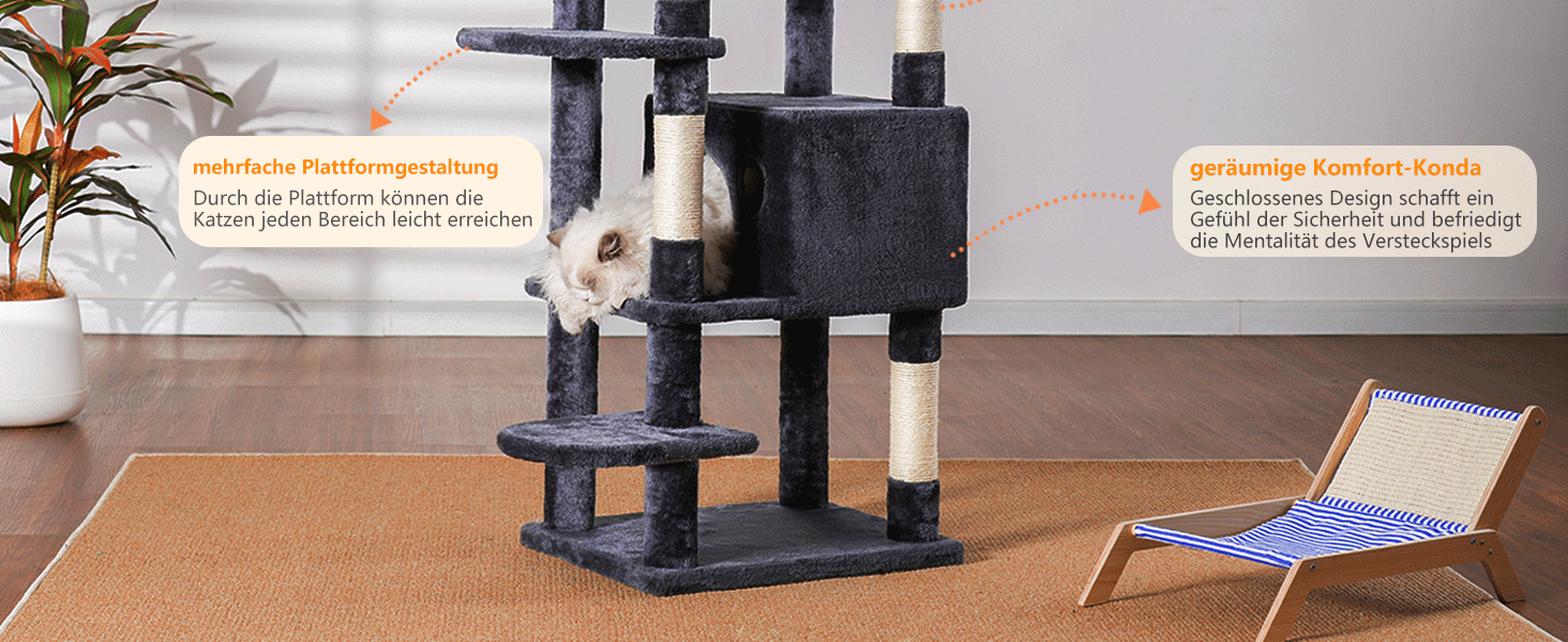 Котячий будиночок Heybly Kratzbaum з декою, для великих котів, котячий комплекс, великі платформи, гніздо, 50 x 50 x 153 см, HCT050MU (димно-сірий)