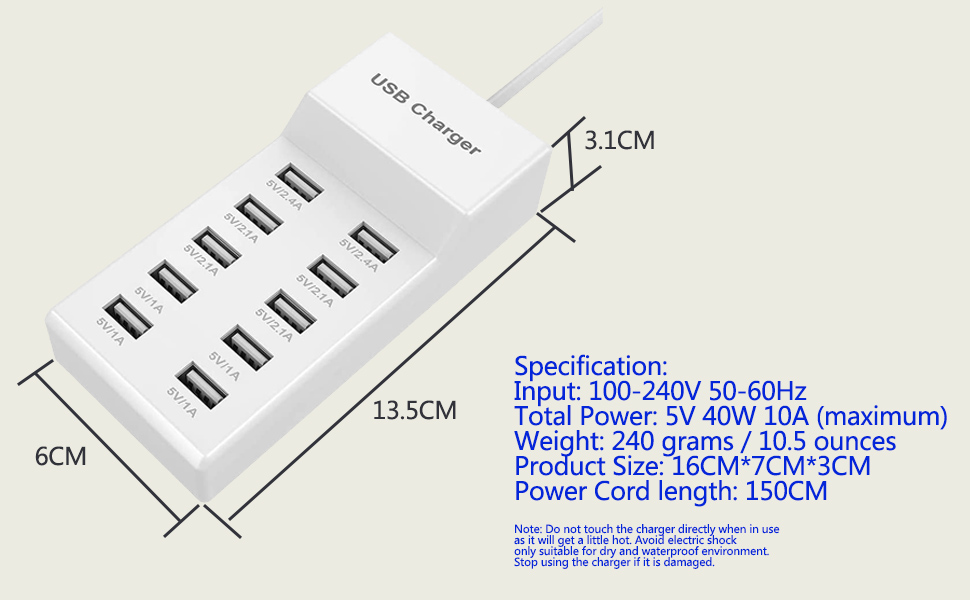 Зарядний пристрій USB багатопортовий 10 портів 40W, станція для зарядки iPhone 12/13/14/15/16, Samsung S23/S24, iPad, Xiaomi, Huawei, Oppo, OnePlus
