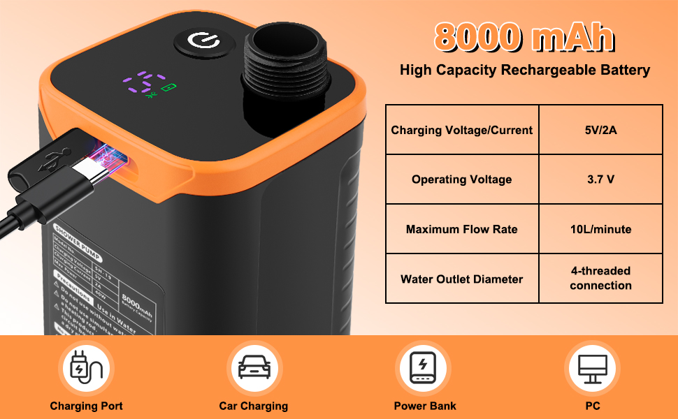 Акумуляторний душ для кемпінгу Uplayteck 8000mAh з насосом, лійкою та шлангом 2м, IPX8 водонепроникний, з індикатором температури та фільтром для подорожей, кемпінгу, саду