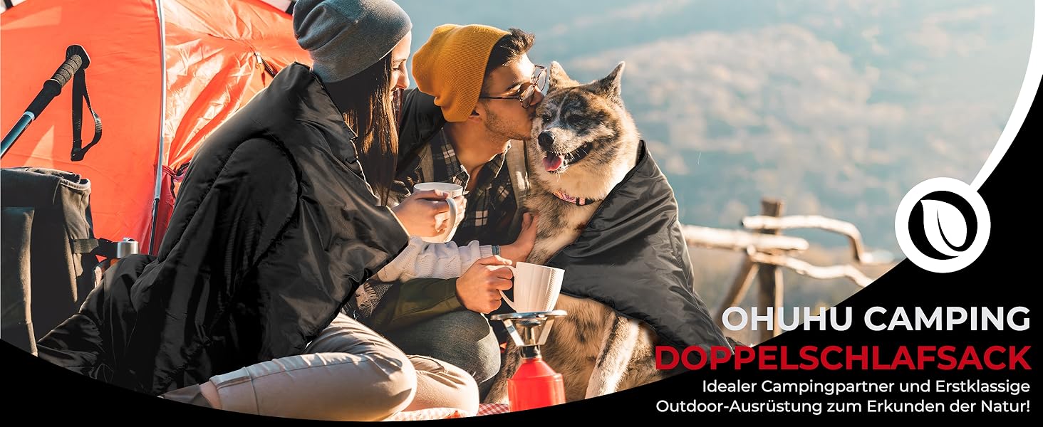 Спальний мішок на дво персони Ohuhu 220x150 см, чорний - для кемпінгу, подорожей, сім'ї та фестивалів