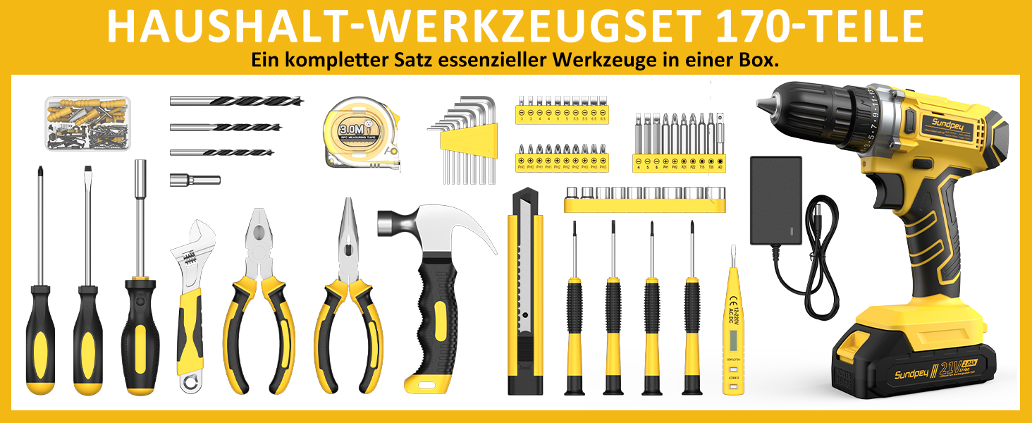 Набір інструментів Sundpey 170 предметів з акумуляторним дрилем-шуруповертом 21V, універсальний для дому, будівельні та ремонтні роботи