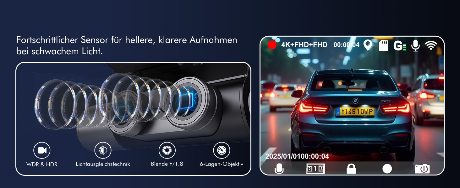 Відеореєстратор для авто 3-Kanal 4K UHD + Full HD (передня 170°, задня 140°, внутрішня 140°) з GPS, WiFi 6, нічним баченням HDR/WDR, 24/7 паркування, 64GB карта пам'яті