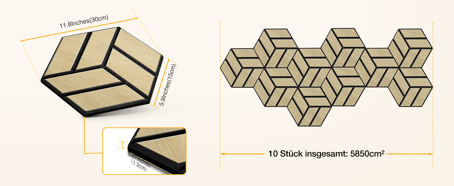Акустичні 3D панелі JAMELO з натурального шпона дуба, самоклеючі гексагональні стінові панелі для декору стін та стелі, 30x15x1.2 см, 10 шт., натуральний колір