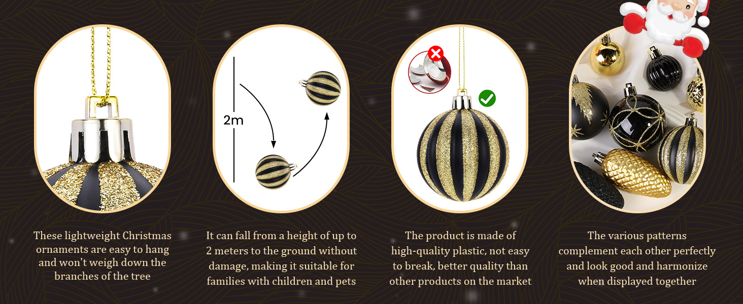 Набір прикрас для ялинки Shareconn: 106 шт. чорно-золотих кульок, 24 кольори, ударостійкий, для святкування, весілля