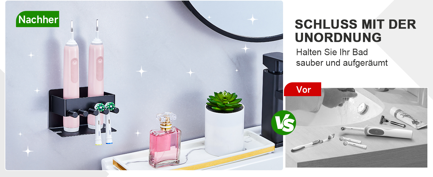 Настінний тримач для зубних щіток GGQ, для електричних та звичайних щіток, без свердління, самоклеючий, з органайзером для пасти, чорний