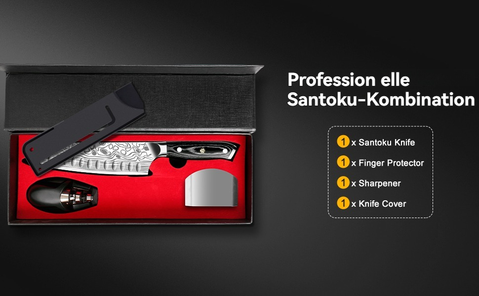 Ніж Santoku Cutiore 7 дюймів: професійний кухонний ніж з нержавіючої сталі EN.4116, з захистом пальців та точилкою в подарунковій коробці