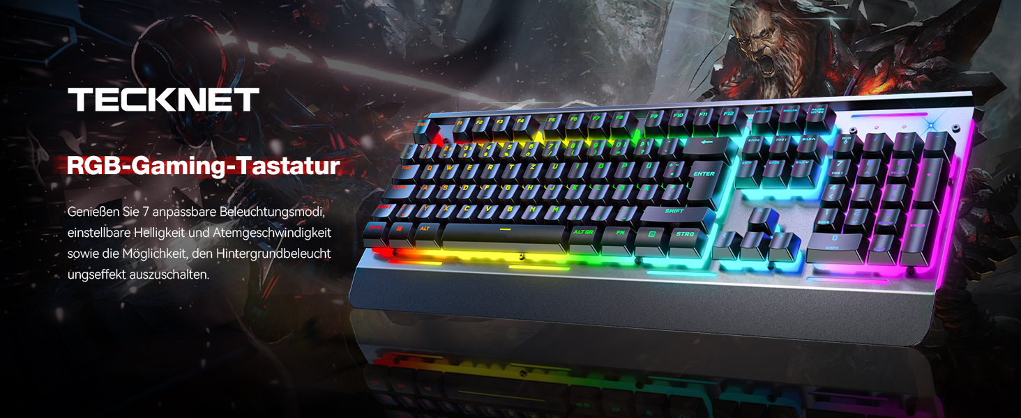TECKNET RGB ігрова клавіатура для ПК, мембранна, 105 клавіш, повний металевий корпус, підставка для зап'ястя, 15 зон RGB підсвічування, 25 антиблінд, клавіатура для комп'ютера, німецька розкладка (QWERTZ)