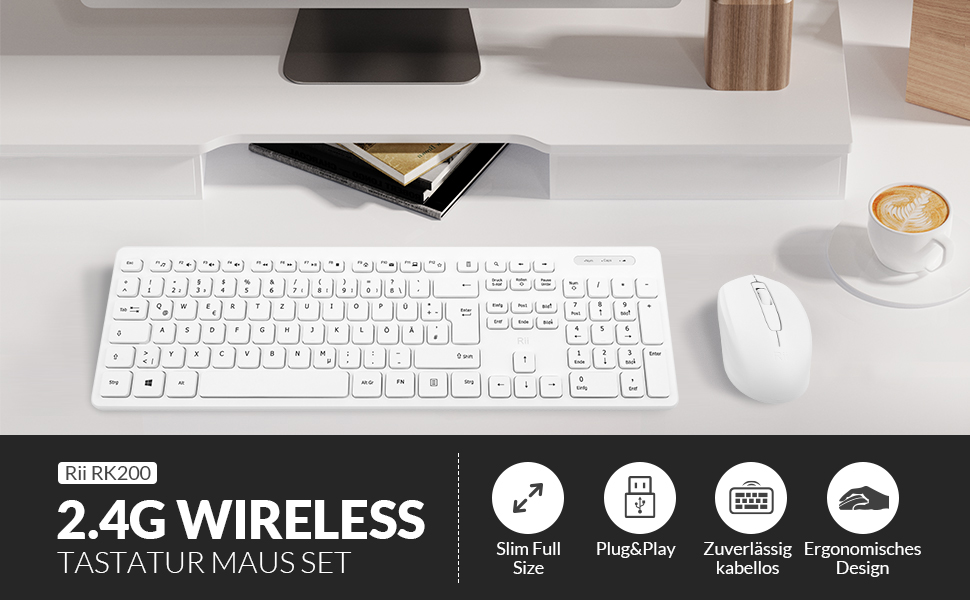 Набір клавіатури та миші Rii (2 шт.) бездротовий, для PC/Laptop/Windows/Smart TV, німецька розкладка, чорний