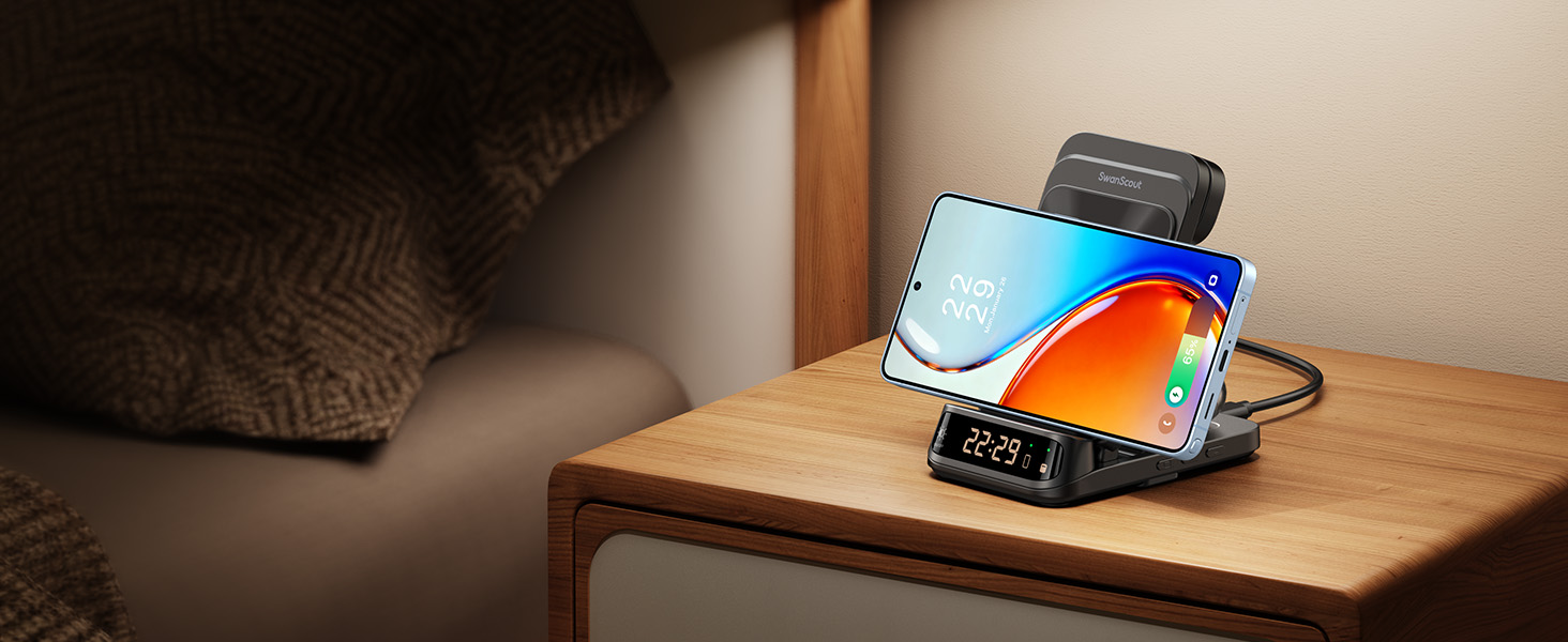 Бездротова зарядка SwanScout 708S для Samsung Galaxy S26 Ultra/+/S26/S25/S24/S23/S22/S21, Galaxy Watch Ultra/8/7/6/5/4, Galaxy Buds4 Pro (Без адаптера) Чорна