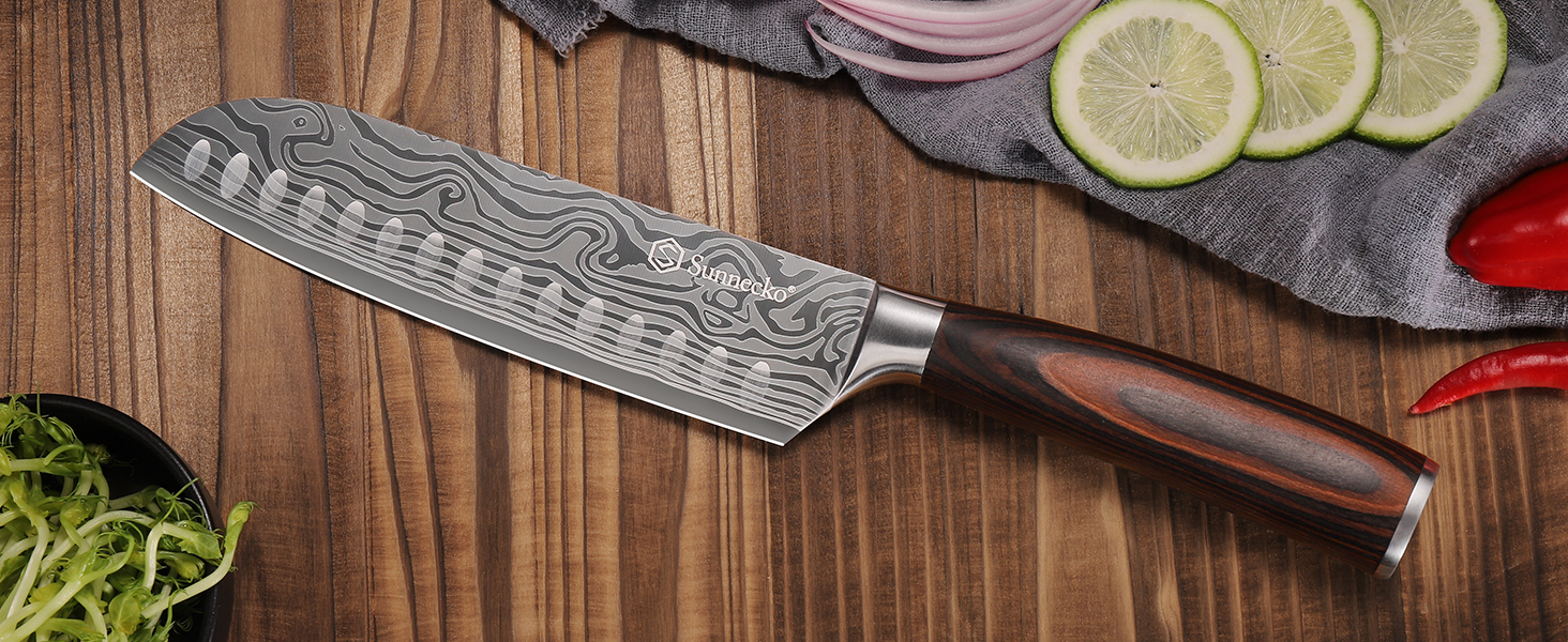 Японський ніж Sunnecko Santoku 17см - професійний кухонний ніж для приготування їжі, ніж шеф-кухаря, ніж для овочів та м'яса