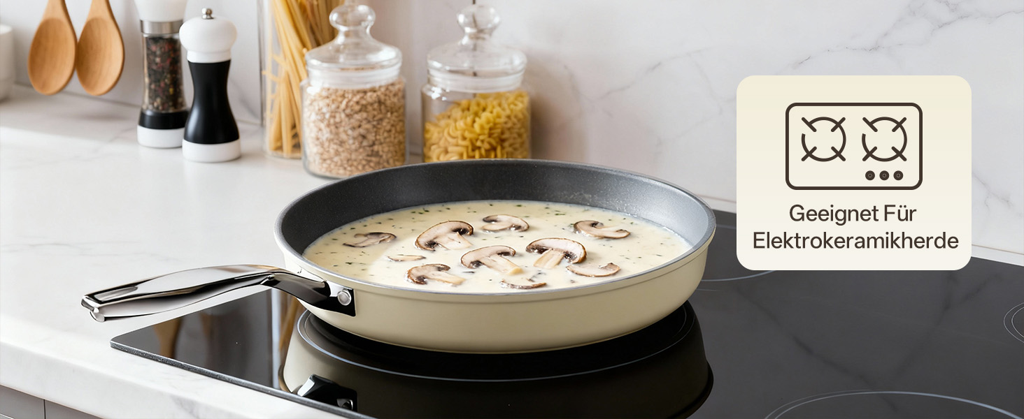 Набір сковорідок Koch Kode з керамічним покриттям 20/24/28 см, з нержавіючою ручкою, для індукційних плит, без PTFE та PFOA, придатні для миття в посудомийній машині та випікання, бежевий